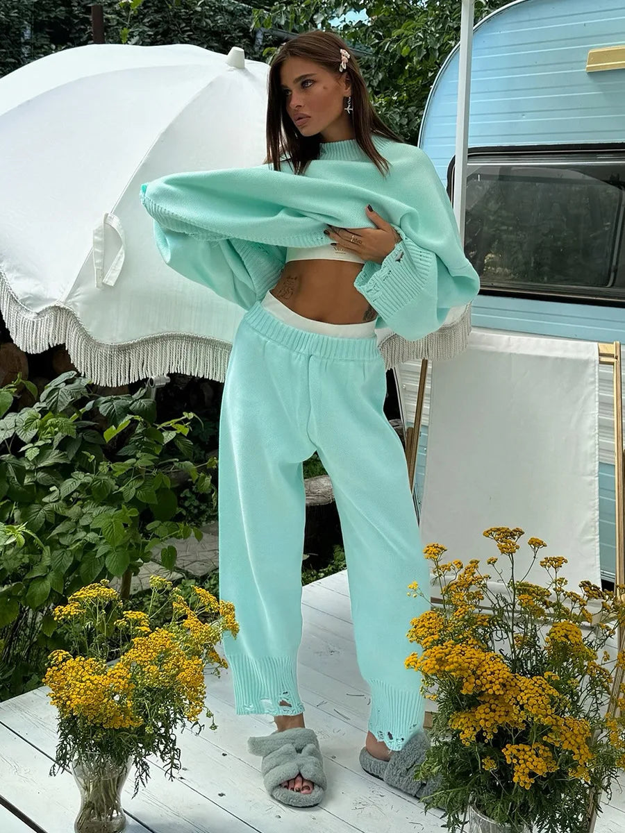 Bornladies Autumn Winter Women's New Turtleneck Knit Sweater Skinny Knit Pants Set Soft Oversized Ripped Hem Fashion Pullover