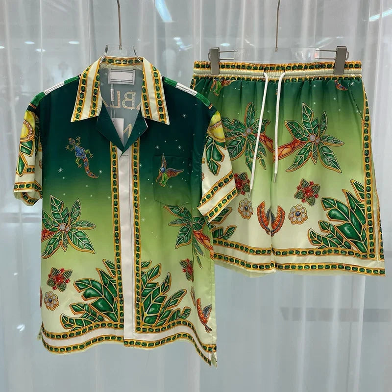New Fashionable Digital Print Men's Short Sleeve Shirt And Shorts Set Popular with Young People across Borders Lightweight Cloth.