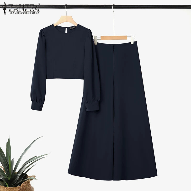2025 ZANZEA Autumn Pant Sets 2PCS Women Outfits Long Sleeve Cropped Tops Wide Leg Trousers Solid Tracksuits Suit Matching Sets.