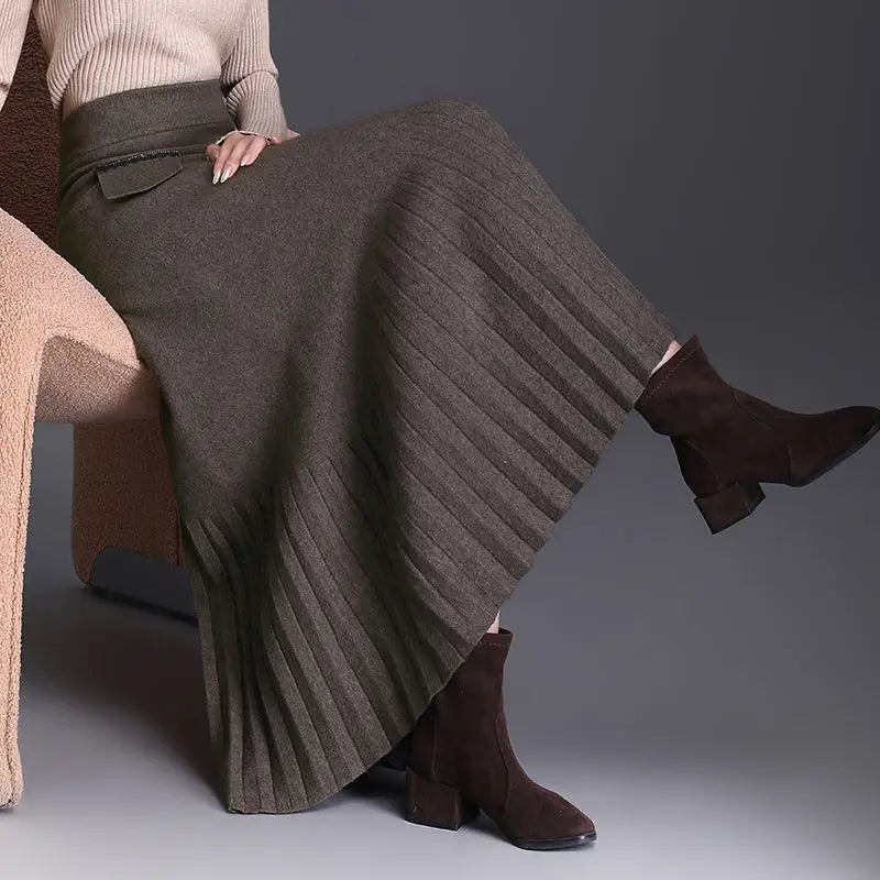 Temperament Autumn Winter New Skirts Women Solid High Waist Pleated Fashion Office Lady A-line Mid-length Knitting Pleated Skirt.