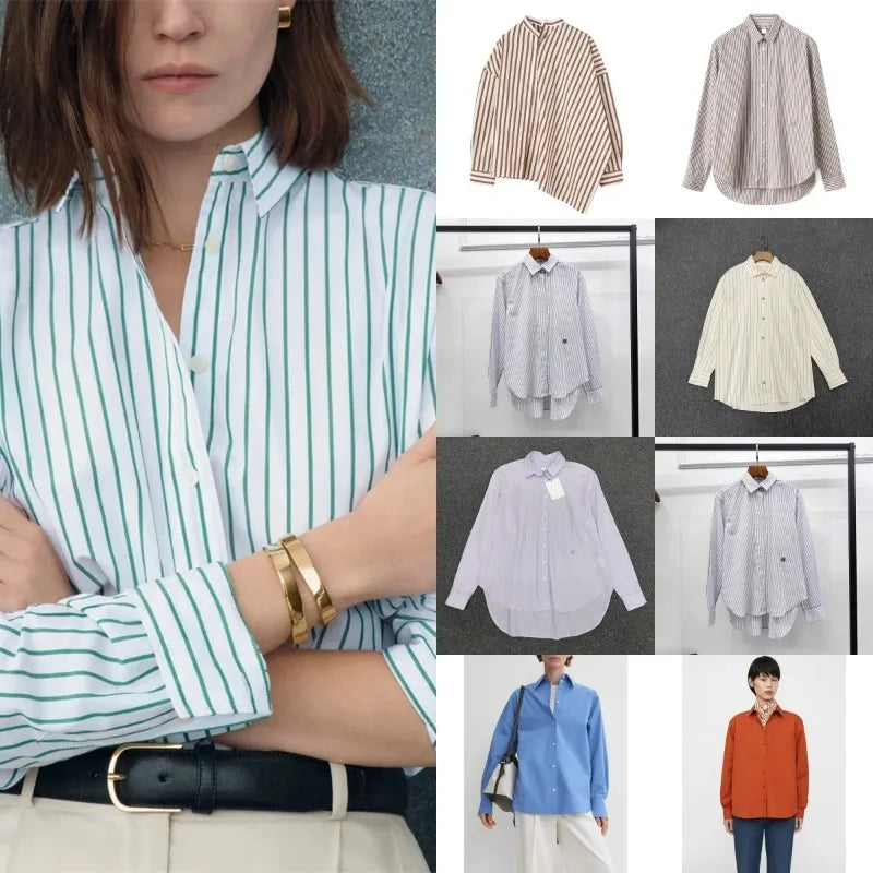 LUXURY Women's Vertical Striped Shirt, Short Front and Back, Short, Vertical Striped Shirt, Loose Long Sleeve, Commuter Style.
