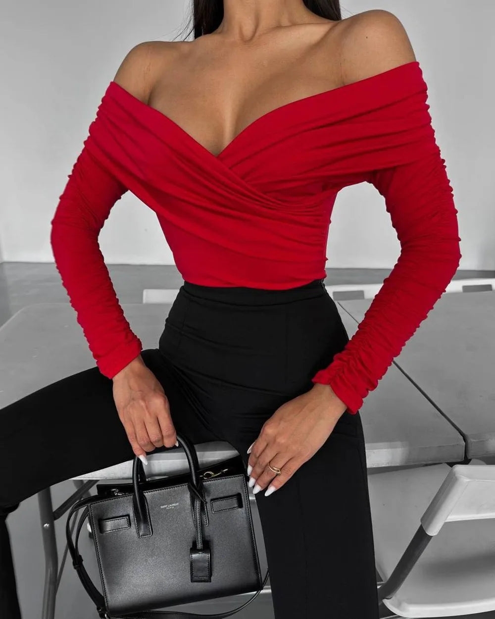 Sexy Hot Girl Slim Jumpsuits Women Fashion Solid Color Folds Corset Bodycon Crossed Bodysuits Long Sleeves Trendy Lady Rompers