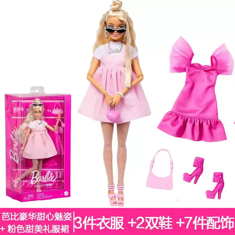 Genuine Barbie Deluxe Style Dolls Pink Dress Outfit Blond Hair Knot Bow Accessories Mesh Tights Toys For Girls Sweet Gift