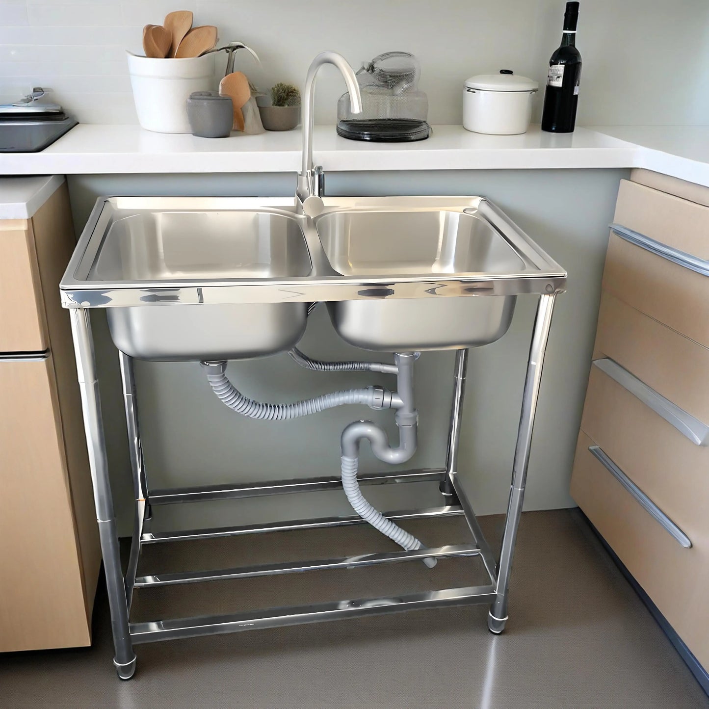 Doppelspüle aus Edelstahl mit Warm- und Kaltwasserhähnen und Ablaufset, perfekt für Garten und Camping