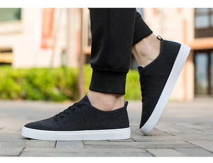 Men's Canvas Shoes Summer Breathable Lightweight Korean Style Shallow Mouth Loafers Non-slip Casual Lace Up Walking Sneakers.