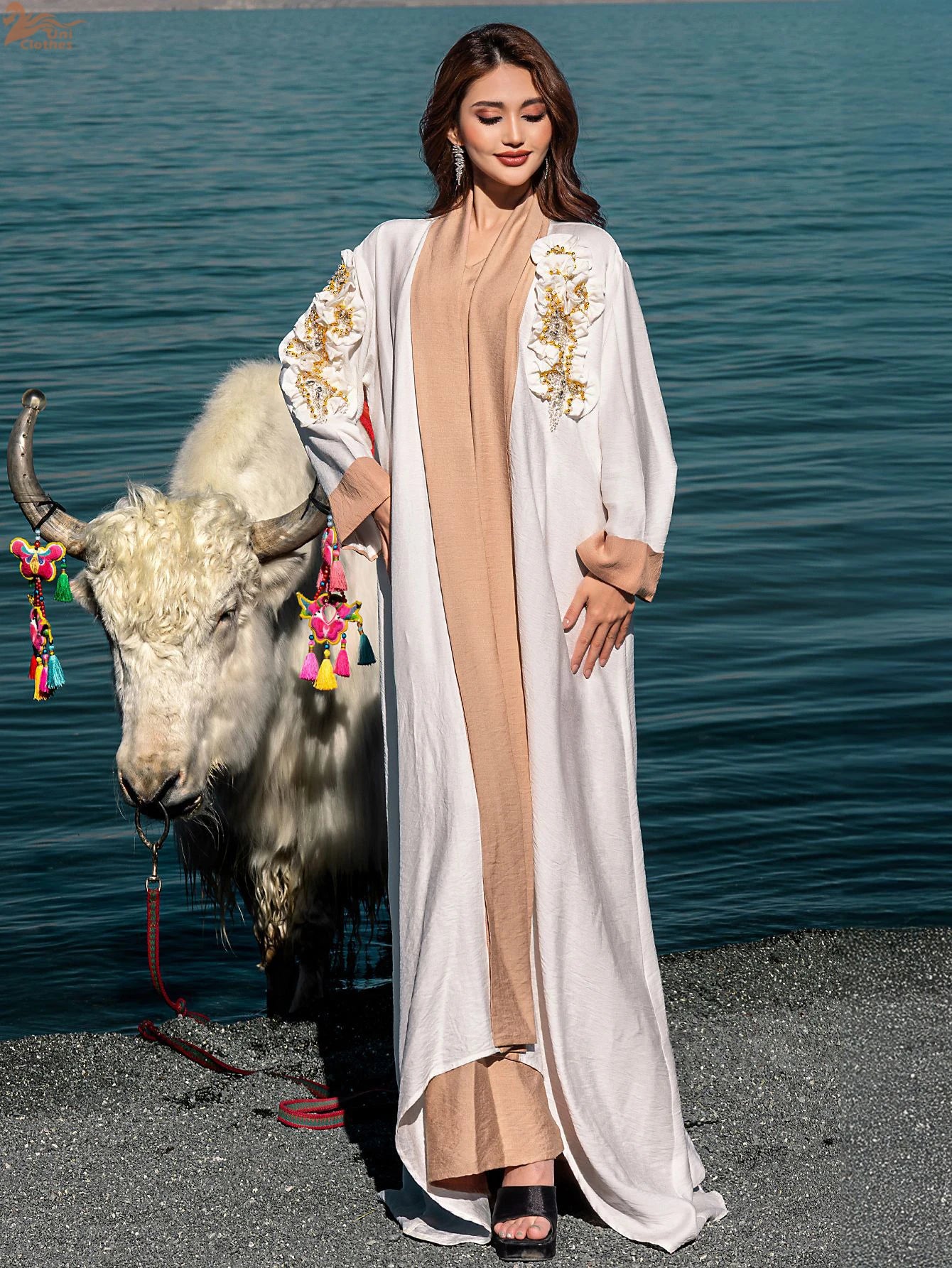 Ramadan Eid White Kimono 2 Piece Abaya Damen Dubai Luxury Set Islam Muslim Modest Dress Women Kebaya Kaftan Robe Femme Musulman.