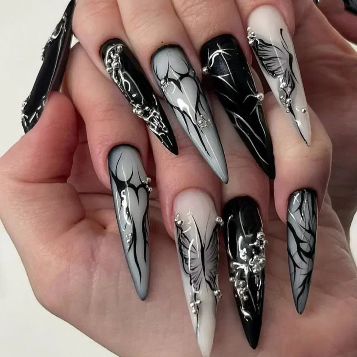 24Pcs False Nails Spicy Girl Silver Bow with Diamond Fake Nails with Glue Almond Press on Nails Black Cool Y2k Almond Nail Set