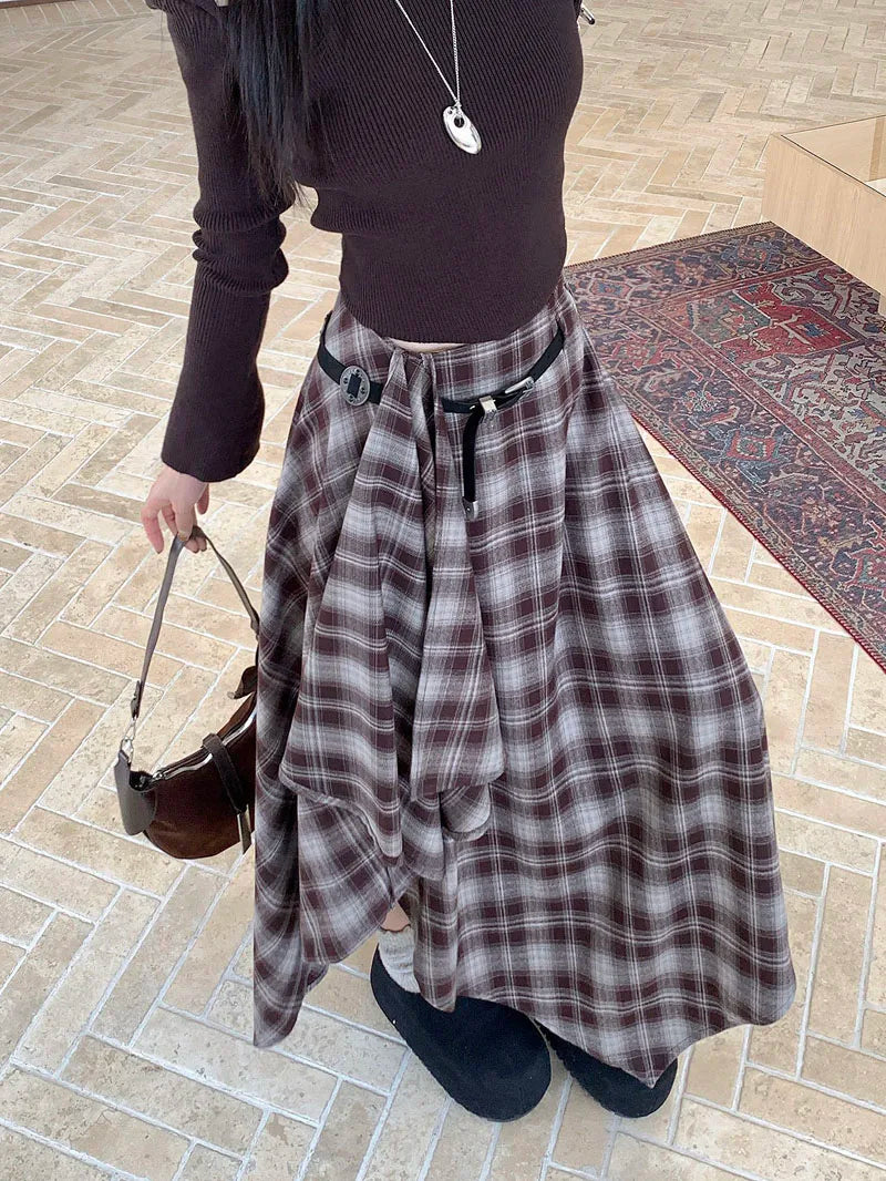 MEXZT Vintage Plaid Woolen Midi Skirt Women Y2K Harajuku Belt Asymmetrical Skirts Winter Gyaru Grunge Korean Design Faldas New