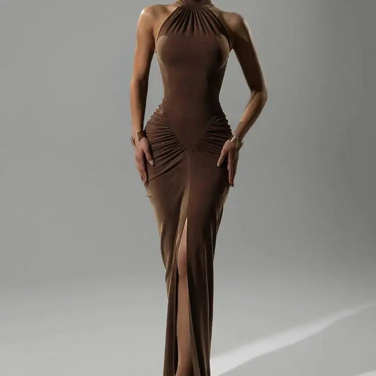 Whatiwear Off Schulter Mode Maxi Kleid Frauen Geraffte Rollkragen Ärmel Splits Robe Mitternacht Prom Party Elegante Vestidos