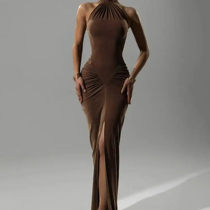 Whatiwear Off Schulter Mode Maxi Kleid Frauen Geraffte Rollkragen Ärmel Splits Robe Mitternacht Prom Party Elegante Vestidos