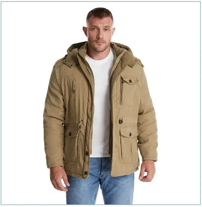 Men's Jacket WINTER USA SIZE Large SIZE Lamb Fleece JACKETS Hooded Cotton Thickened Multi Pocket Casual Mid length Coat