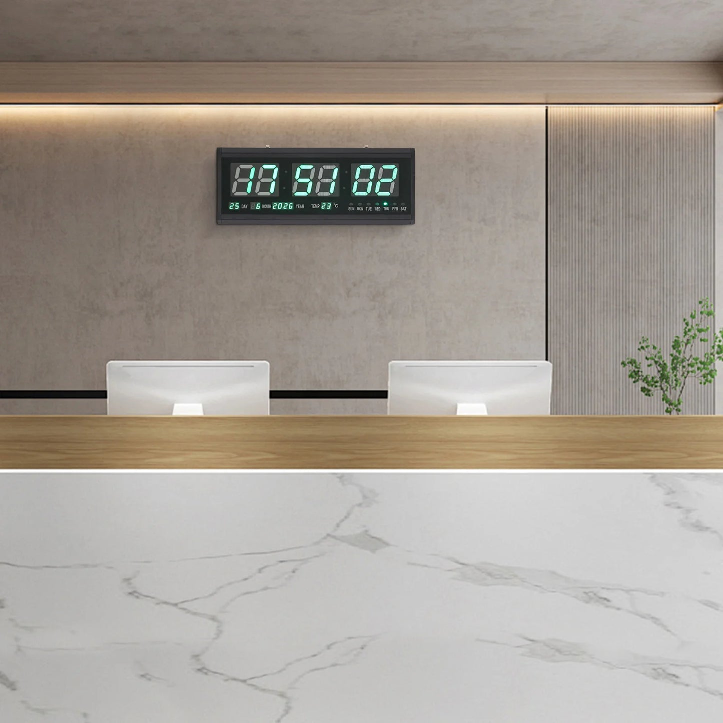 220 V große LED-Digital-Wanduhr, Zeit, Temperatur, Datum, Woche, Anzeige, automatischer Dimmer, leuchtende, leise Tischuhr, Wanduhr, 48 x 19 cm