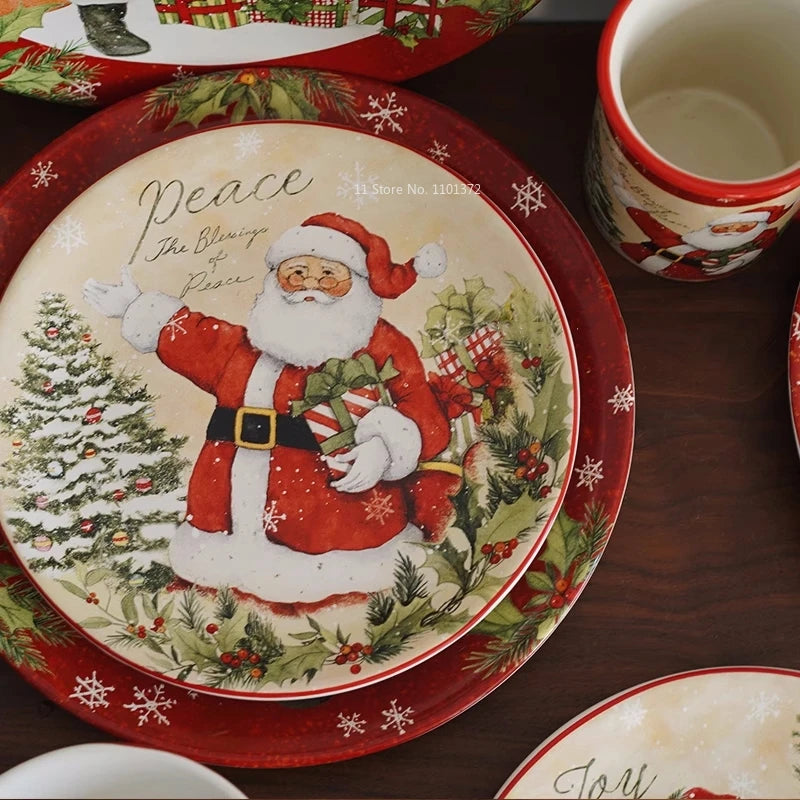 Christmas Themed Ceramic Dinner Plates Tableware Set Underglaze Color Process Coffee Cup Soup Bowl Santa Claus Steak Plate.