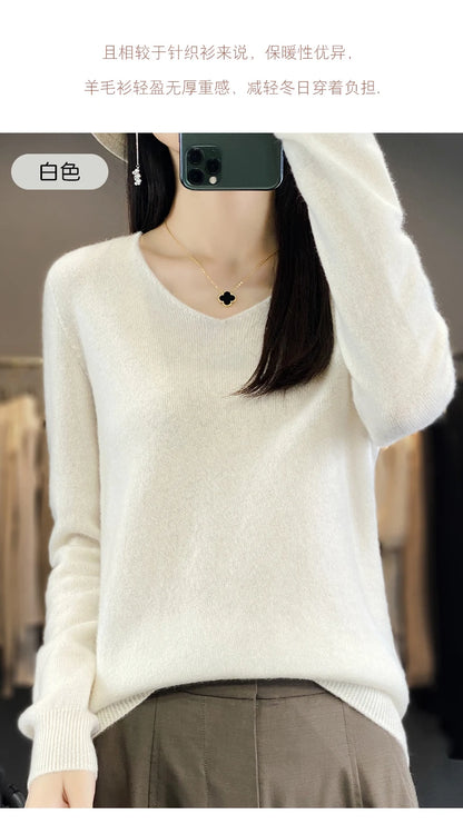 Women 100% Merino Wool Sweater V-Neck Basic Pullover Autumn Winter Cashmere Clothing Long Sleeve Soft Knitwear Tops Solid Color