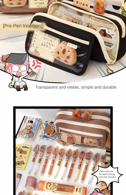 Große Kapazität Bleistift Tasche Capybara Cartoon Leinwand Schreibwaren Halter Tasche Mit Broschen Aufkleber Clips Schlüsselanhänger Kinder Stift Fall.