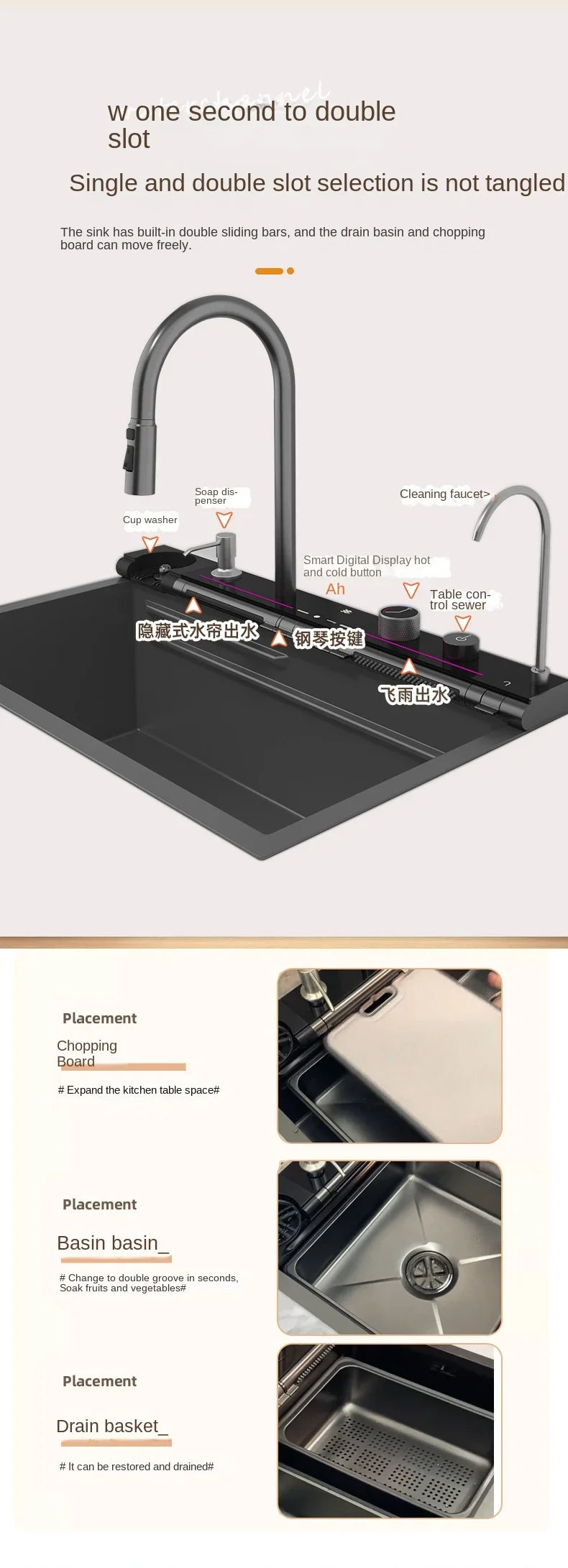 304 Edelstahl Wasserfall Küchen spüle große Einzels chlitz integrierte Digital anzeige Wasserhahn Set Seifensp ender Tasse Waschmaschine