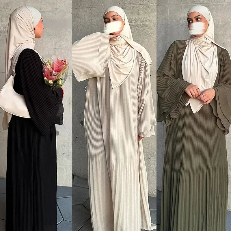 Eid muslimisches Kleid für Frauen Plissee Flare Ärmel Jalabiya Kaftan Islam Vestidos arabische lange Robe Ramadan Marokko Dubai Abayas.