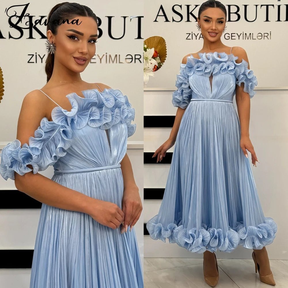 Zavana Stilvolles A-Linien-Abschlussballkleid, schulterfrei, mit Falten, Tüll, Tee-Länge, Saudi-Arabien, Festzug, formelles Partykleid, individuell gestaltet.