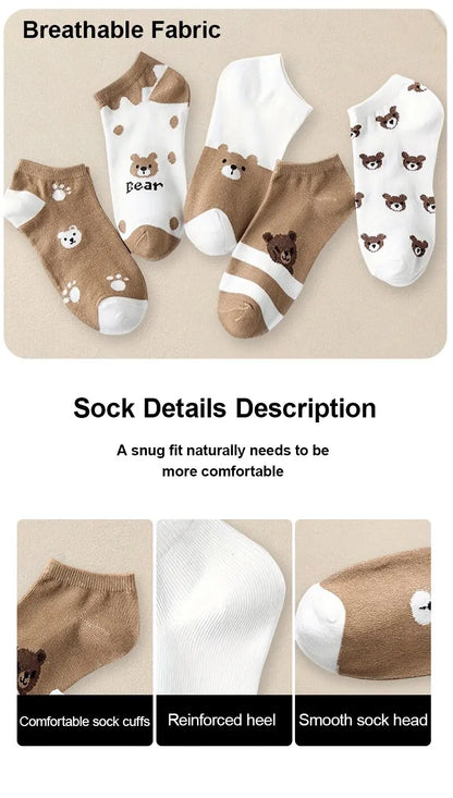 5 Pairs Women Cartoon Patterned Socks Trendy Versatile Breathable Sweat Wicking Deodorizing Antibacterial Comfortable Socks.