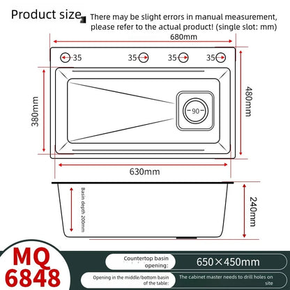 316L Stainless Steel Food Grade Large Single Slot Corrosion Resistant Household Kitchen Sink Wash Dish and Vegetable Basin