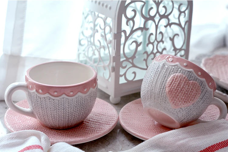 250ml Ceramic Tea Cup And Saucer Set Kawaii Bowknot Coffee Cup Dish Pink Wool Knitting Mug Microwave Safe.