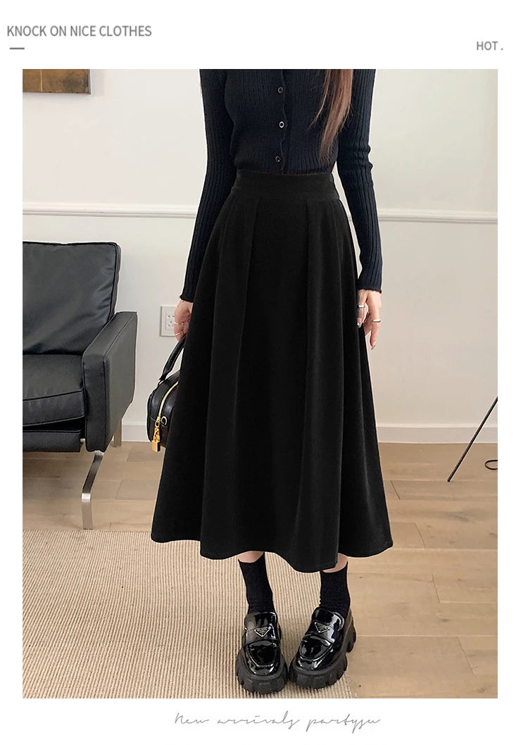 Autumn Winter Warm Vintage Red Elegant Velvet A-line Skirt For Women 2023 High Waist Casual Black Party Pleated Big Swing Skirts.