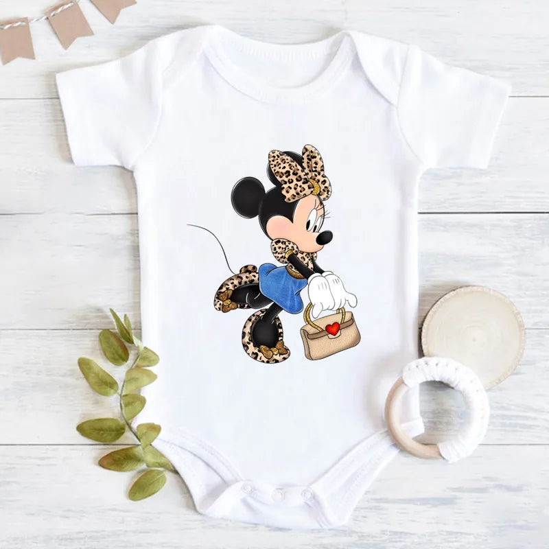 Niedliche Leopard Minnie Maus Disney Newbron Bodys Baby Kleidung Sommer Kurzarm Baumwolle Minnie Kawaii Stram pler Overall