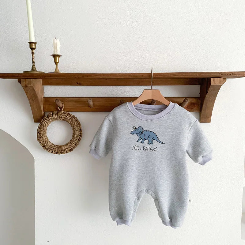 Neuankömmling Cartoon Dino Print Baby Neugeborenen Stram pler Säuglings mädchen Overalls Langarm Jungen Kleidung ein Stück.