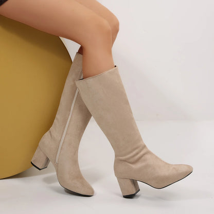 Women Boots Autumn Winter Elastic Slimming Knee-High Boots Fashion Pointed Toe Thick Heel Shoes Woman Side Zipper Casual Botas
