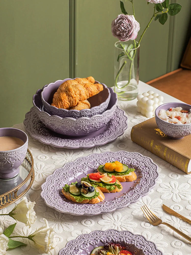Solid Color Ceramic Tableware Lace Embossed Ceramic Tableware Bowl Plate Cup Rustic Irregular Dinner Plate  Dinner Plates.