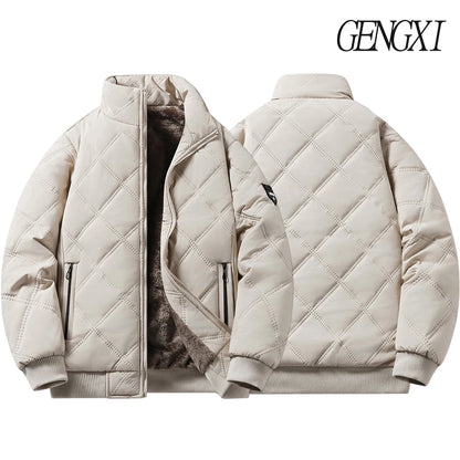 New Windproof Thermal Diamond-Quilted Cotton Jacket Winter Men's Fleece-Lined Thickened Cuff Design Stand-Up Collar Jacket.