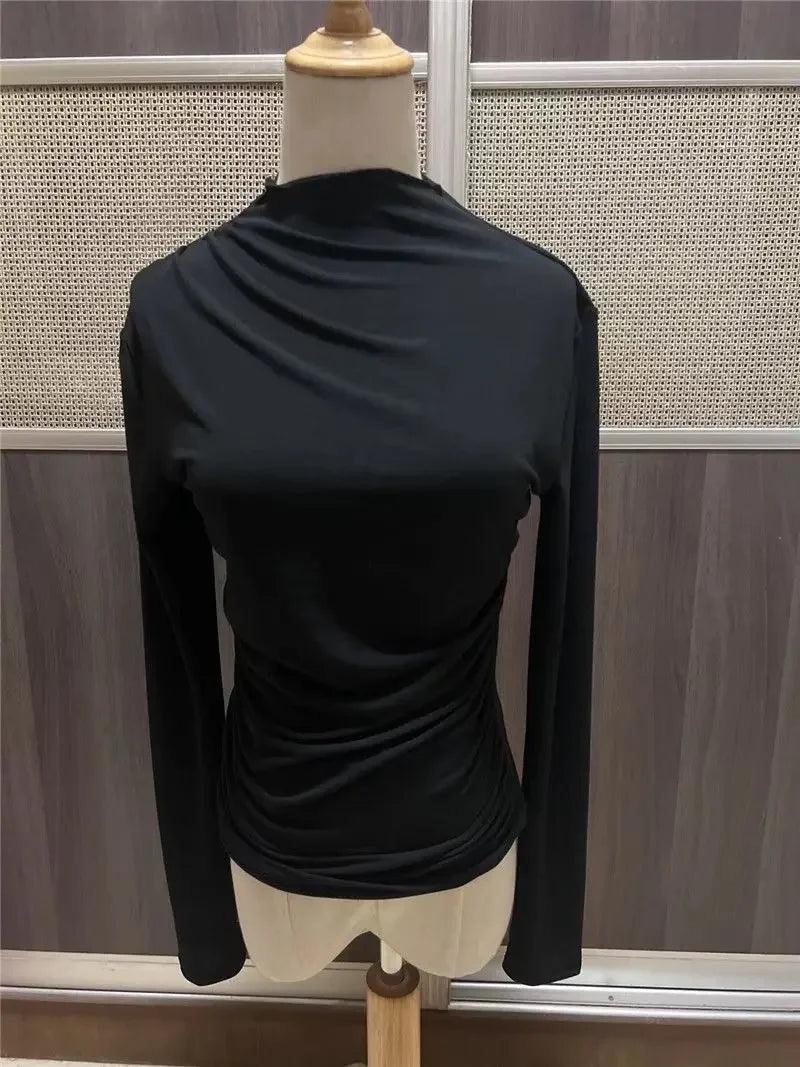 Slim Fit Long Sleeve Women's T-shirt Pure Color Design Pleated Detail Base Shirt Ladies Top Quality Material Comfortable Wear.