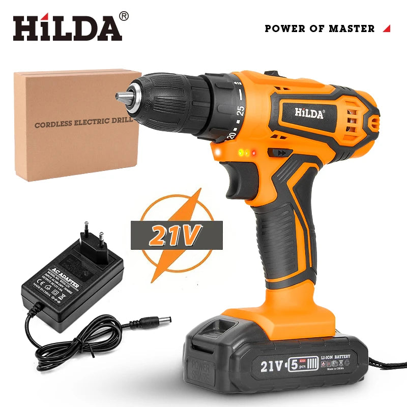 HILDA 21V Bohrmaschine Mini Wireless Power Treiber Lithium-ionen Batterie Akku-bohrschrauber Elektrische Schraubendreher Hause DIY Power werkzeuge