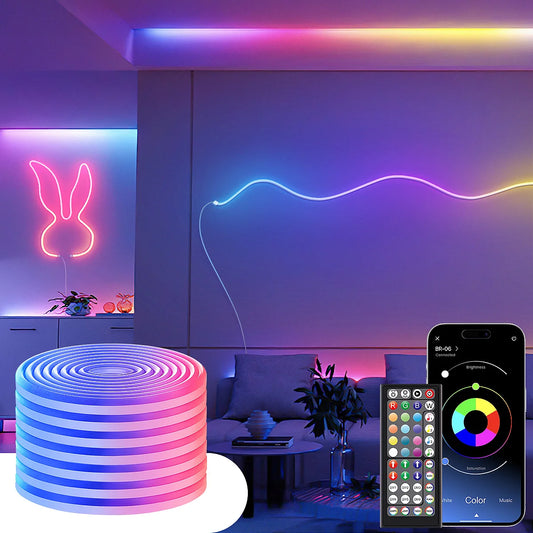 LED-Neon-Lichterkette mit App/Fernbedienung, 24 V, Musik-Synchronisierung, wasserdicht, flexibel, DIY-Design, RGB-Streifenlichter für Schlafzimmerparty.