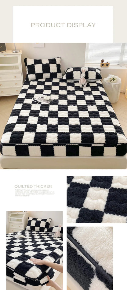 WOSTAR Winter warm coral fleece mattress protector cover fluffy plush plaid print elastic fitted sheet bed protection pad 90x200.