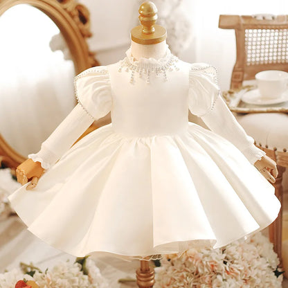 Sommer Solide Perlen Prinzessin Kleid Rundhals Elegante Kinder Brautjungfer Kleidung Luxus Kleider für Hochzeit Edle Kind Kleidung.