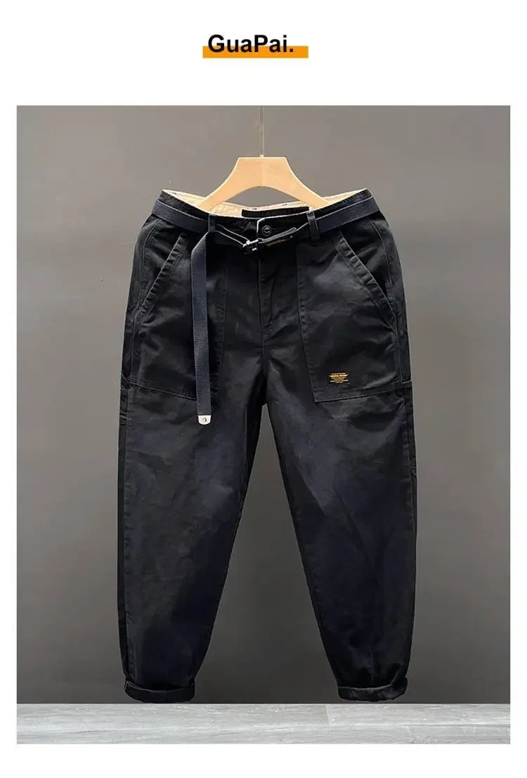Autumn Summer Wide Leg Cotton Work Trousers Men's Cone Straight Loose Wear Resistant Pocket Pants Retro Wash Casual Workwear.