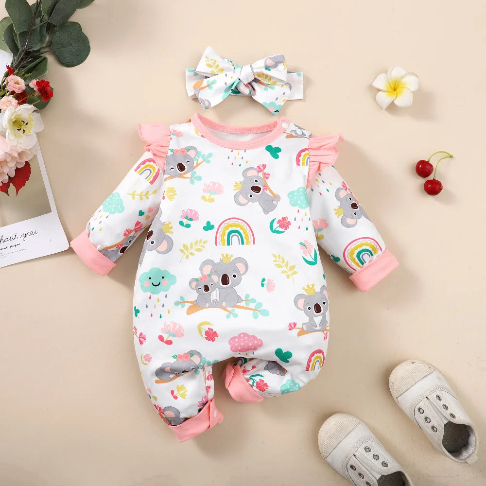 Neugeborenes Baby-Body für Mädchen, süßer kleiner Koala-Body + Stirnband, 2 Stück, passend für 1–12 Monate, Baby-Frühlings- und Herbst-Crawler-Anzug.