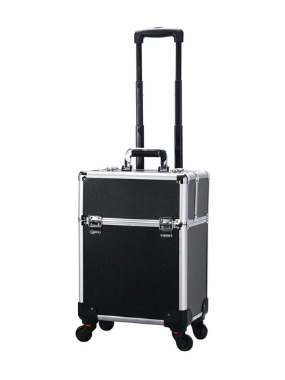 TravelRolling Makeup Train Case Large Capacity Cosmetic Trolley, Aluminum Professional Travel Case with Key.