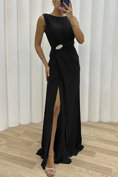 Frauen sexy Kleid neue ärmellose feste Party schlanke Empire Split weibliche elegante Rundhals Mode lange Kleidung.