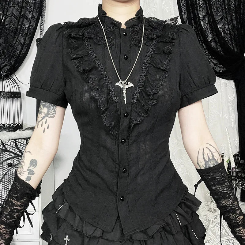 Sweet Lolita Cotton Shirts Women Vintage Gothic Black White Jacquard Short Sleeve Blouses Elegant Office Lady Y2k Tops.