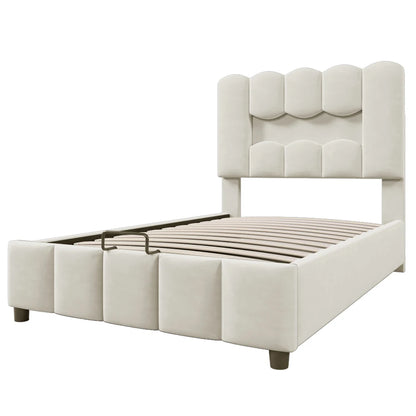 Modernes Polsterbett, 90 x 200 cm, ohne Matratze, LED-Beleuchtung, mit hydraulischem Gerät, verstellbarer Kopfteil, Samt, Grau