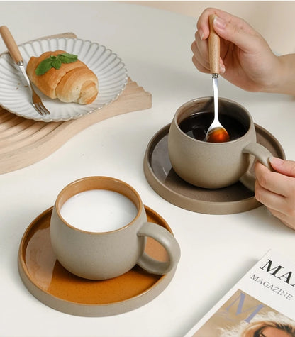 Retro Coarse Pottery Mug and Saucer Combination Japanese Coffee Cup Set Nordic Afternoon Tea Breakfast Cup Latte Coffee Mug.