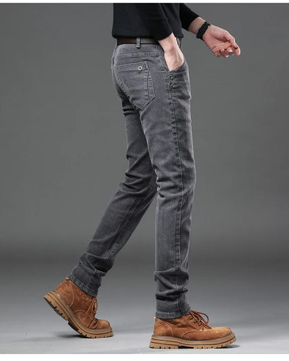New Pure Gray Korean Slim Jeans Men's Stretch Tight Trendy Jean Trousers Branded Streetwear Comfortable Man Clothing Pants.