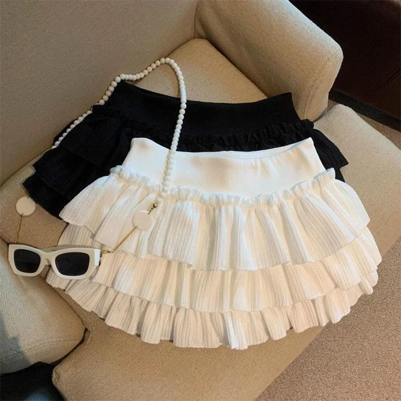 Sweet Puffy Cake Women Skirts Korean Fashion Ruched Ruffle Mini Skirt Campus Harajuku Casual Versatile Elastic Waist Solid Skirt.