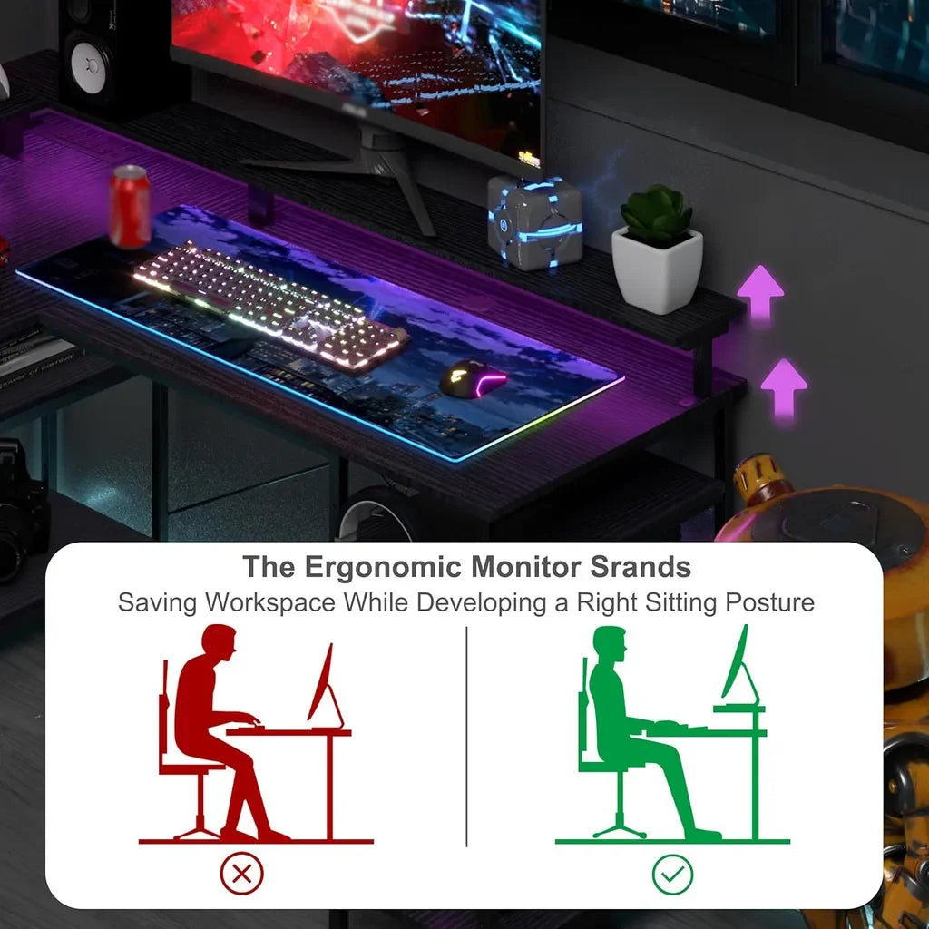 COSYHOMES - L-förmiger Computertisch, 2-stufiger, mit EU-Steckdose & RGB-Beleuchtung, 140x140x85cm