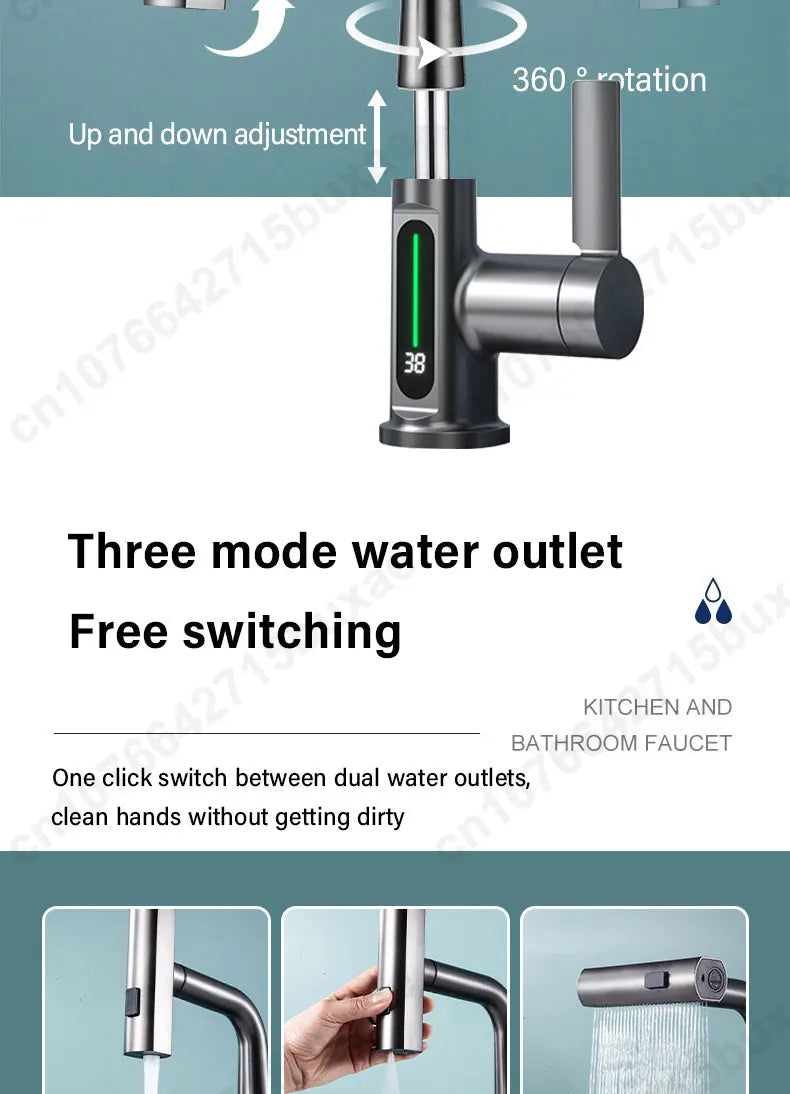 Waterfall Pull Out Kitchen Faucet White Intelligent Digital Display Cold Hot Mixer Taps Rotatable Sink Lifting Basin Faucet