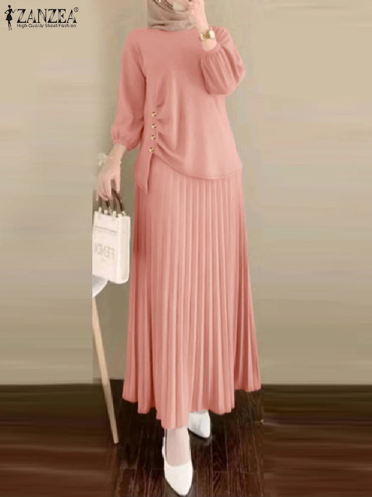 2025 ZANZEA 2PCS Autumn Outfits Casual Long Sleeve Tops Dress Suit Elegant Women 2 Piece Sets Muslim Tracksuits OL Matching Sets.