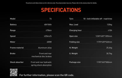 JOYOR T6 Adult Electric Scooter 600W Motor 48V18AH Battery E-Mountain Escooter 10" Off-Road Tire Foldable E-Scooter