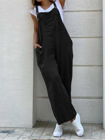 Spring Summer Jumpsuit For Women Solid Color Romper Casual Pant Pockets Button Wide Leg Strap Jumpsuits Loose Rompers Overalls.